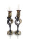 Set of 2 Hand Blown Glass Candle Holder, Hand Painted White Flowers With Gold Lines Item No G050