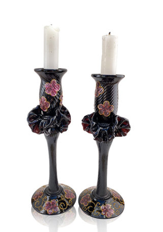 Set of 2 Hand Blown Glass Candle Holder, Hand Painted Pink Flowers Item No G052
