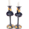 Set of 2 Hand Blown Glass Candle Holders, Hand Painted Gold-Orange Flowers, Item No G054