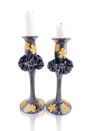 Set of 2 Hand Blown Glass Candle Holders, Hand Painted Gold-Orange Flowers, Item No G054