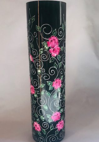 Black Hand Blown Cylinder Glass Vase, Hand-Painted Pink Gardenia Flowers Design. Item No. CV101