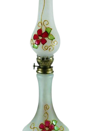 Hand Blown Glass and Hand Brush Painted Red Flowers Opaque Finish  Oil Lamp, Item No. OL102