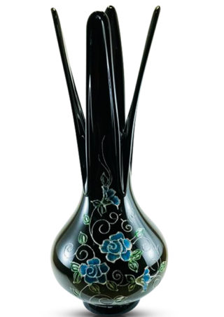 Black Hand Blown Glass Vase,Hand Painted Turquoise Blue Flowers, Item No V168