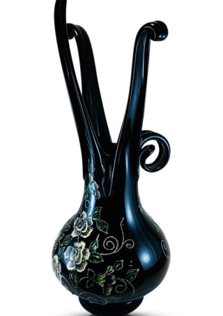 Black Hand Blown Glass Vase,Hand Painted White Flowers, Item No V169