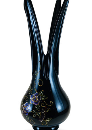 Black Hand Blown Glass Vase,Hand Painted Purple Flowers, Item No. V171