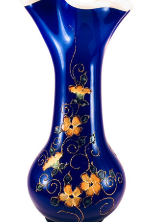 Blue Hand Blown Glass Vase With Orange-White Flowers, Item No. V178