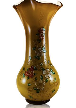 Hand Blown Glass Caramel Color Vase,Hand Painted White & Red Flowers, Item No. V170