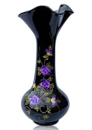 16″ Black Hand Blown Glass Vase With Hand Painted Purple Flowers