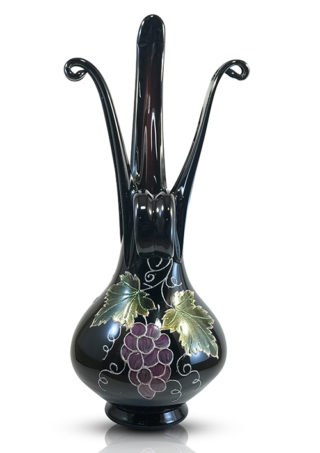 Black Hand Blown Glass Vase, Hand-Painted Grape Design. Item No.V182